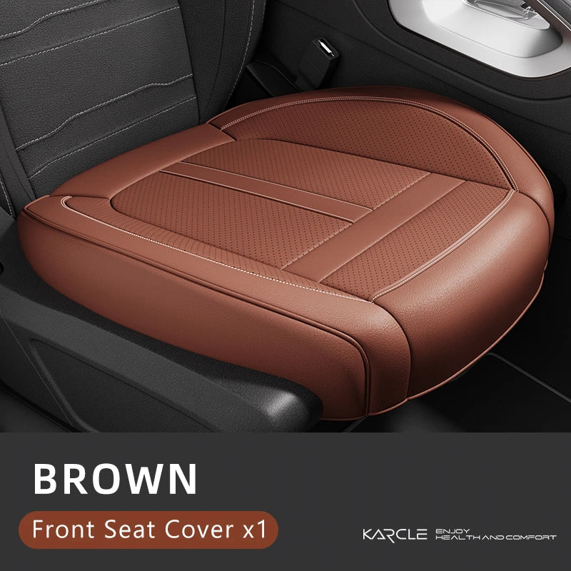 Brown front seat cover protector for a car seat, showing the leather material and stitching.