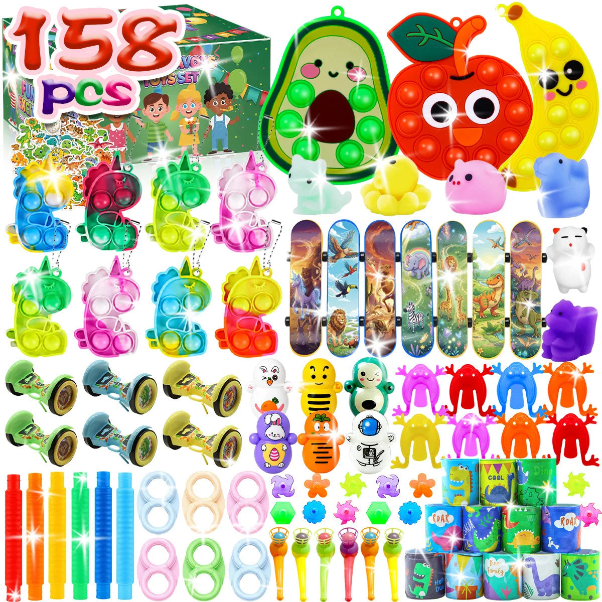 A colorful pack of sensory fidget toys and stickers for kids including pop-it toys, squishy balls, and various themed items.
