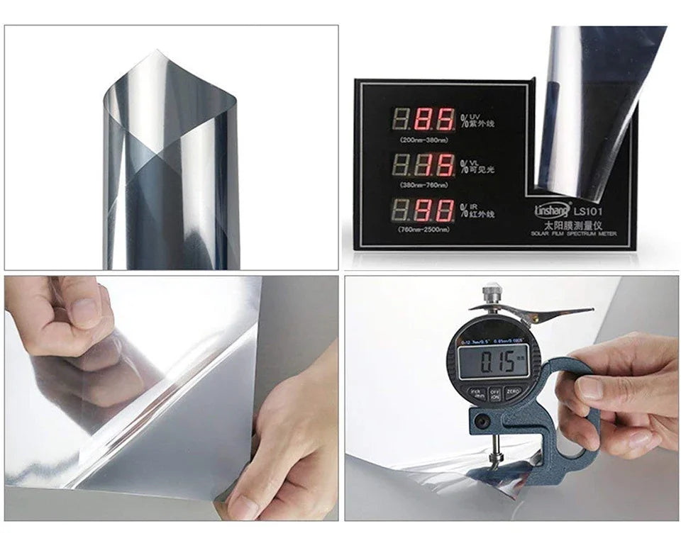 A silver one-way mirror window film is shown with a digital display indicating heat control settings and a hand demonstrating