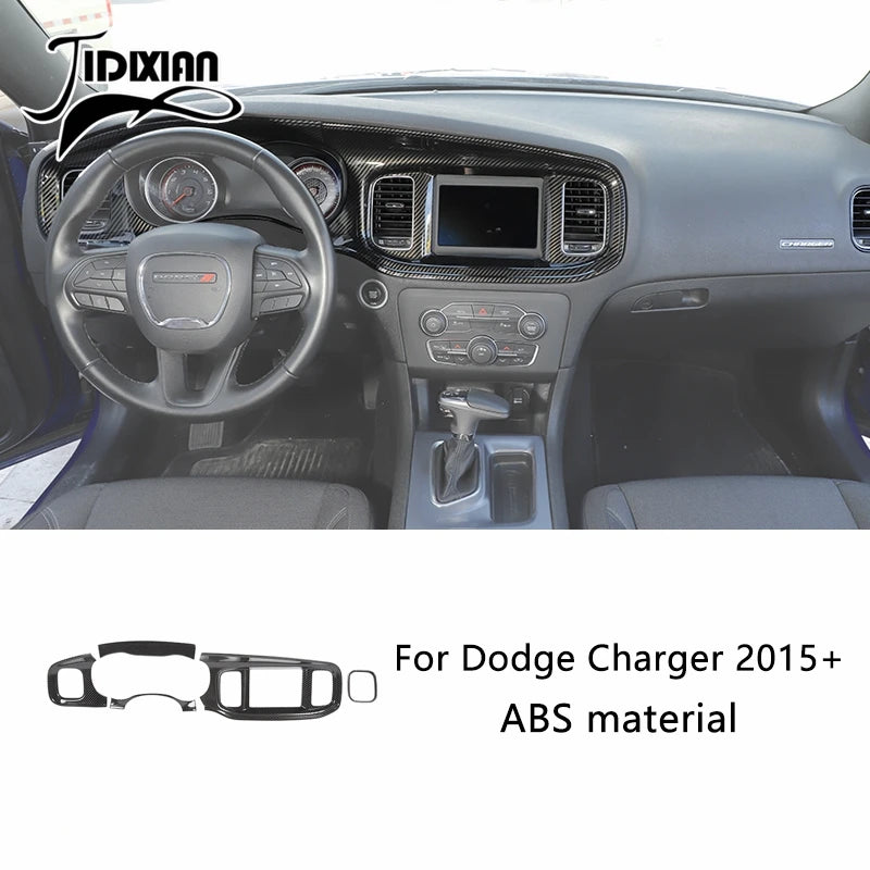 Carbon fiber interior trim kit for Dodge Charger featuring a steering wheel and dashboard components