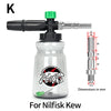 A black snow foam lance with a green handle and a glass bottle for Nilfisk Kew