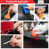 A set of tools for applying vinyl wrap and film, including orange and blue tools, used on a car surface.