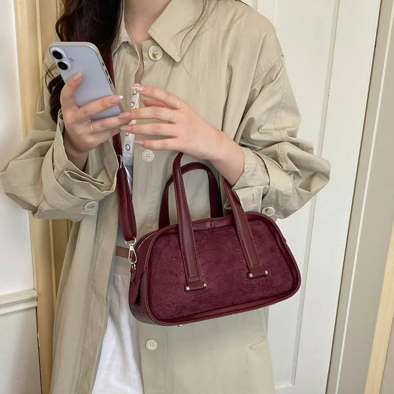 Vintage Croc-Embossed Mini Boston Bag with Dual Straps