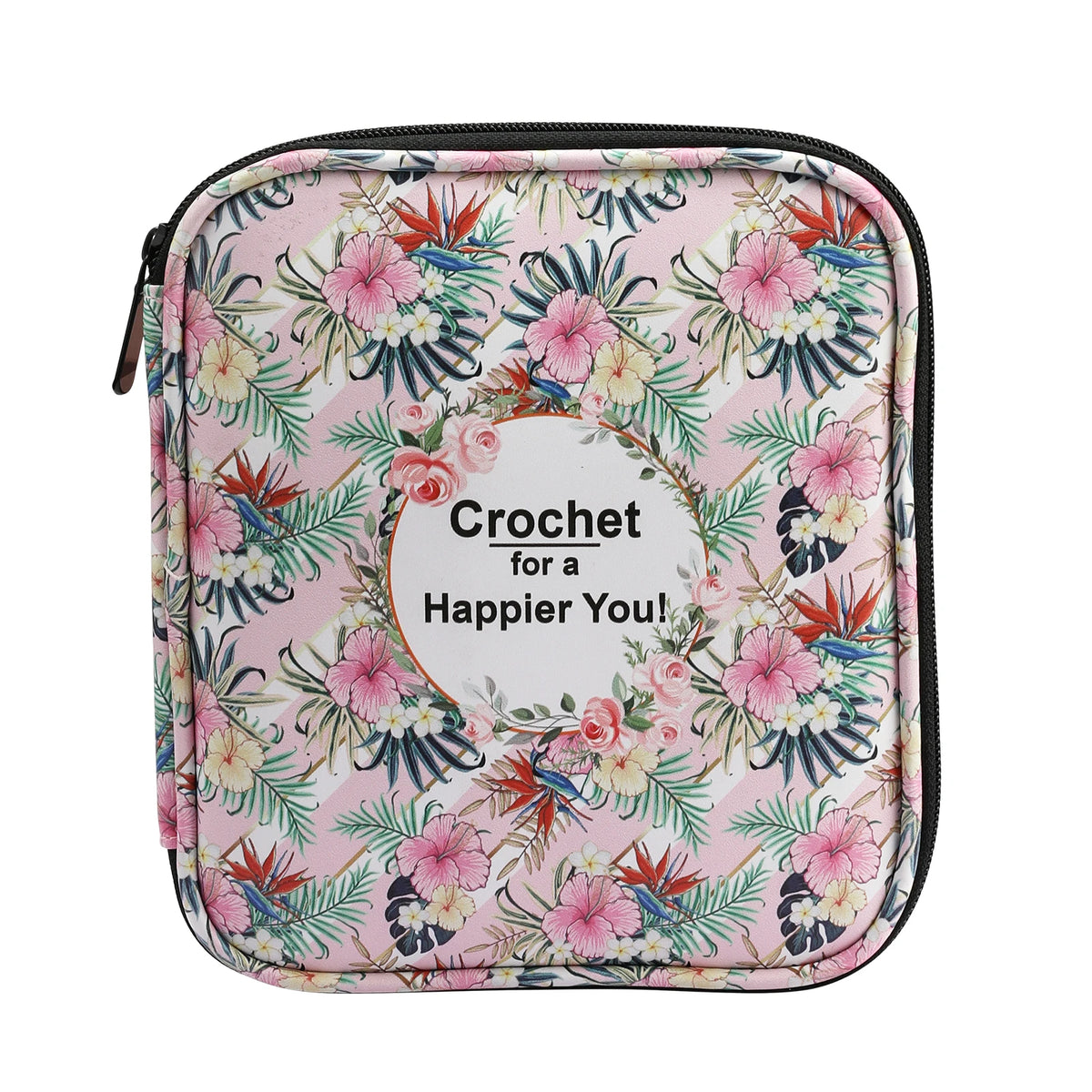 A pink floral crochet hook organizer bag with elastic loops and a white circle design.