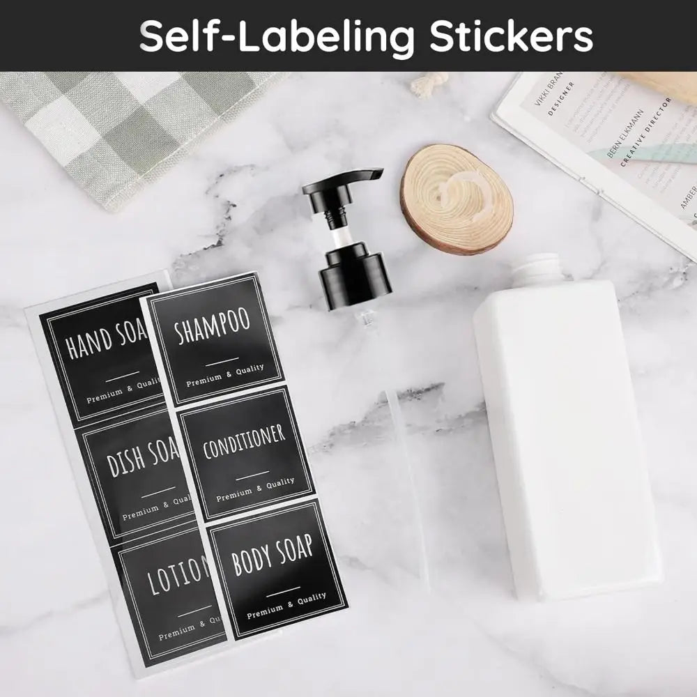 Three self-labeling stickers are displayed next to a white soap dispenser bottle and a wooden lid on a marble surface.