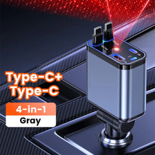 Gray Type-C+ Type-C 4-in-1 retractable car charger with USB and PD fast charging cables