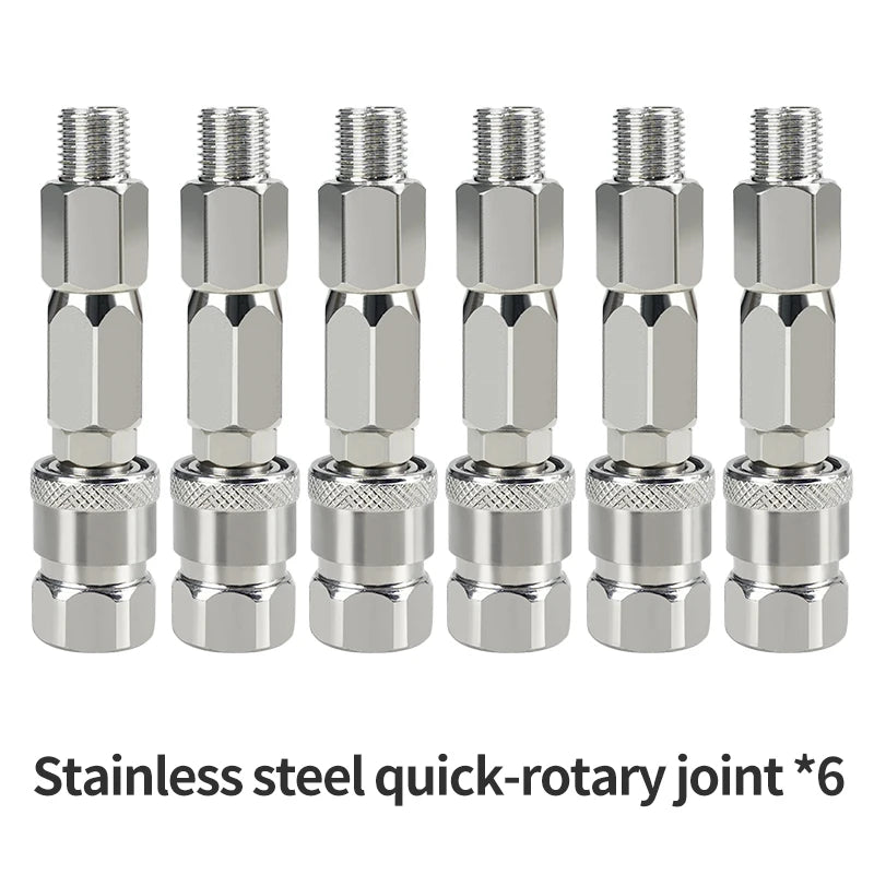 Six stainless steel quick-rotary joints or swivel connectors for airless spray hoses