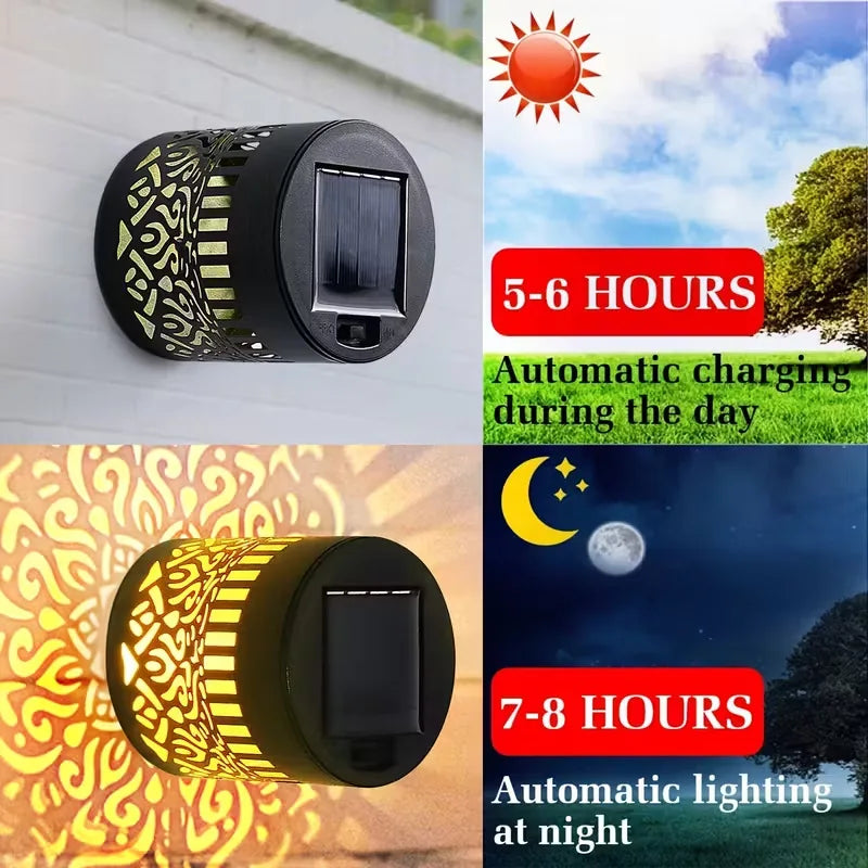 مصباح حائط شمسي بتصميم ماندالا مثبت على جدار خارجي أبيض.