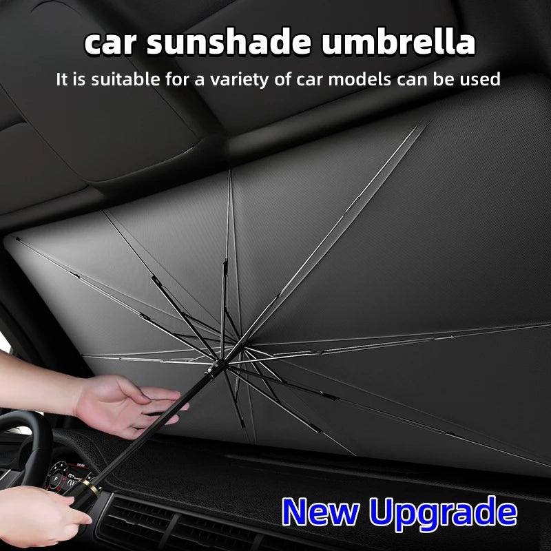 A hand is deploying a black foldable car sunshade umbrella inside a car's interior dashboard.
