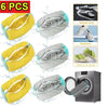 Six yellow reusable shoe laundry bags with bristled brushes shown alongside a pair of black canvas shoes.