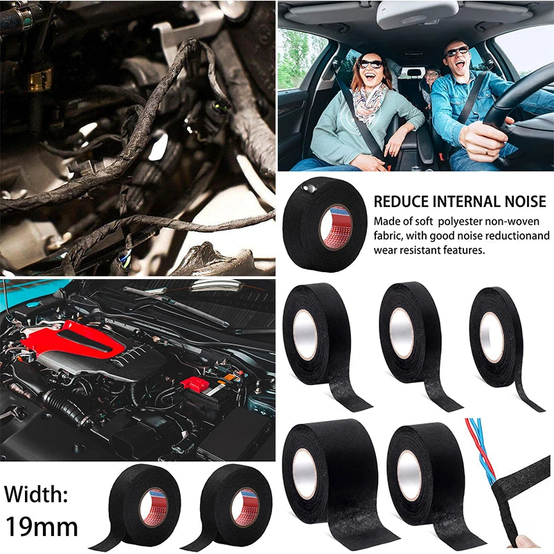 Rouleaux de ruban isolant électrique noir et gros plan d'un composant moteur.