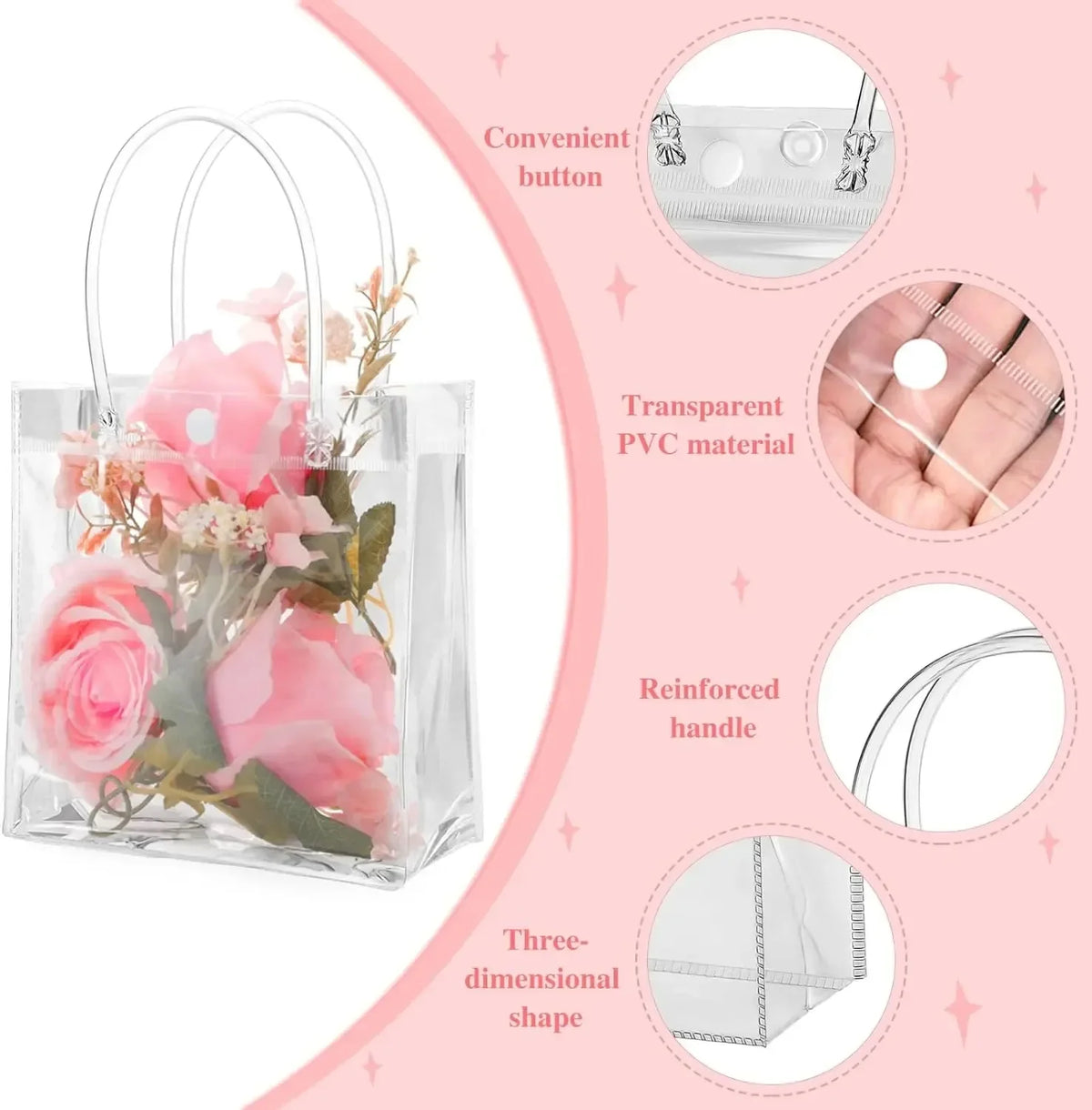 Clear PVC gift tote bag with a floral arrangement and a convenient button closure