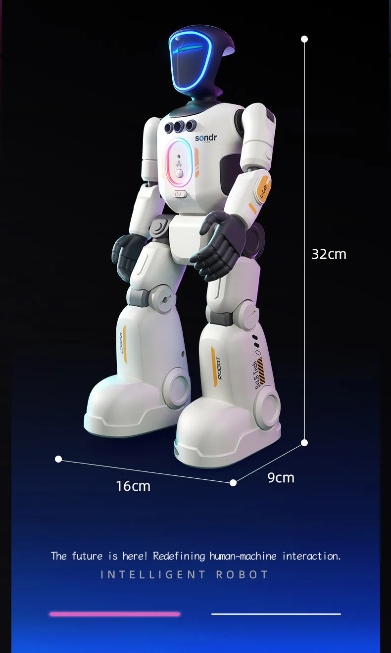 A white interactive robot with a blue light, shown standing upright against a dark background.