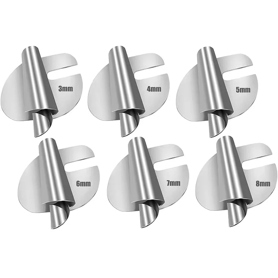 A set of universal rolled hemmer presser feet for sewing machines, showing sizes from 3mm to 8mm.