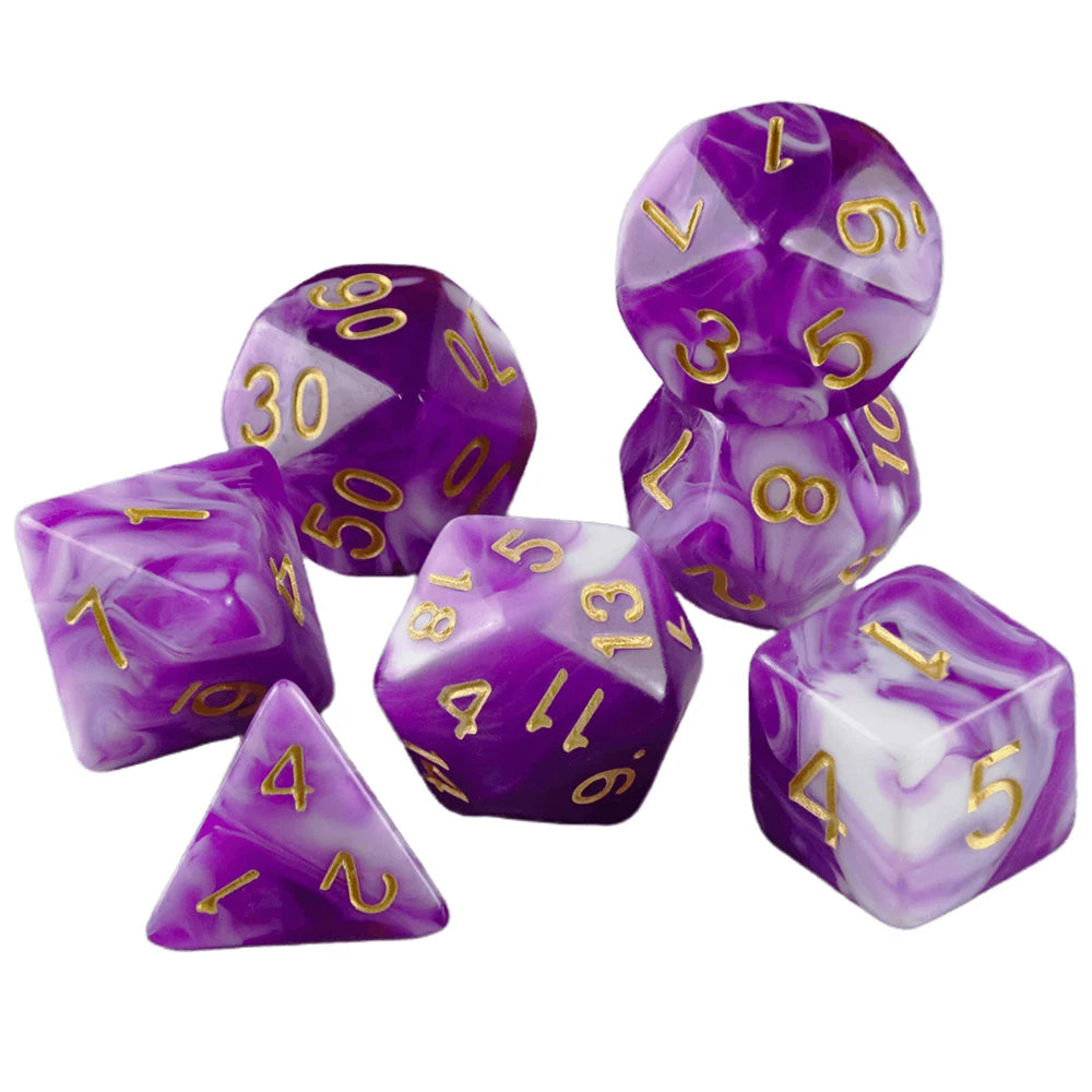 A set of seven purple marbled polyhedral dice used for tabletop role-playing games