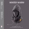 A dark gray winter balaclava with a hood and mask is displayed against a solid gray background.