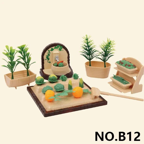 A miniature dollhouse set featuring forest animals, including plants and small furniture pieces.