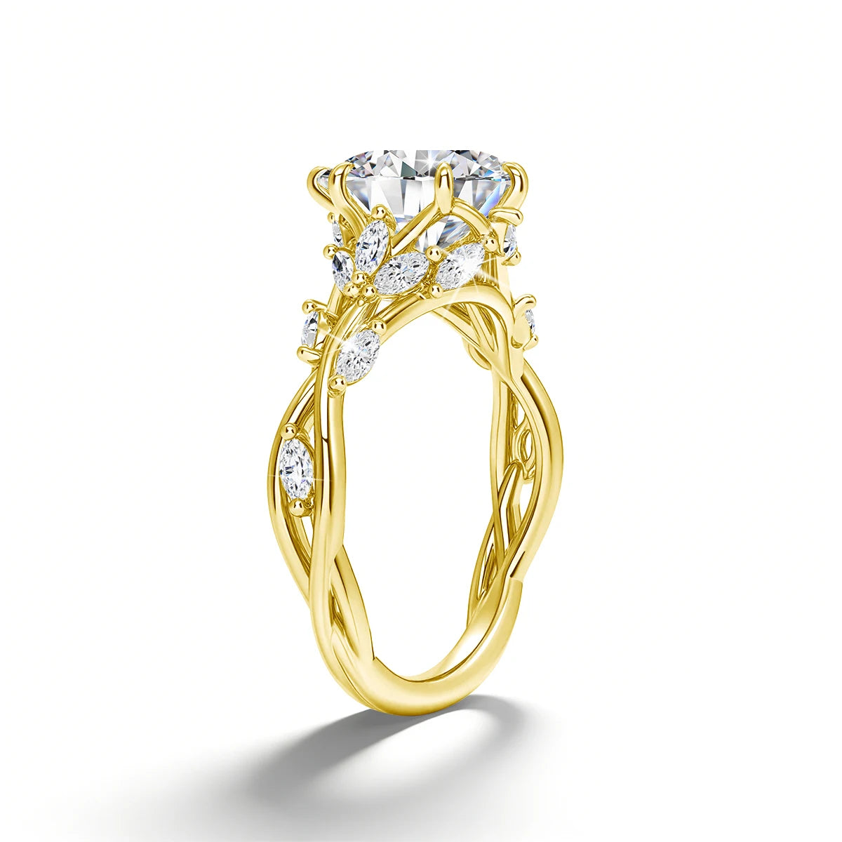 A gold filled moissanite wedding ring featuring a 3ct marquise cut diamond and nature-inspired gold setting.