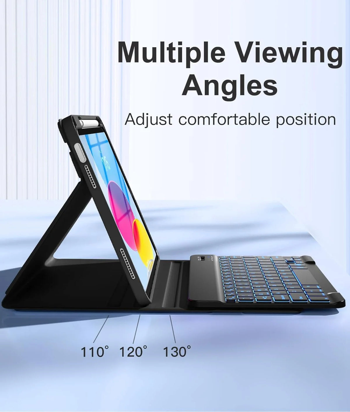 A black multi-viewing angle keyboard case for an iPad, showing adjustable viewing positions at 110, 120, and 130 degrees.