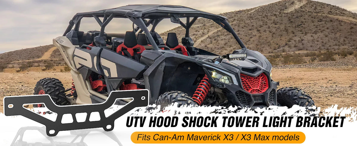 UTV hood shock tower light bracket for Can-Am Maverick X3 models shown in a desert environment