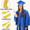 A woman wearing a blue graduation gown holds yellow cords with tassels for ceremonies and crafts.