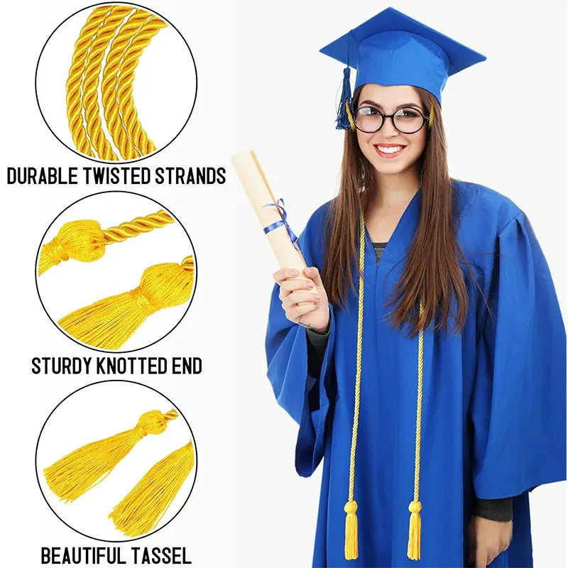 A woman wearing a blue graduation gown holds yellow cords with tassels for ceremonies and crafts.