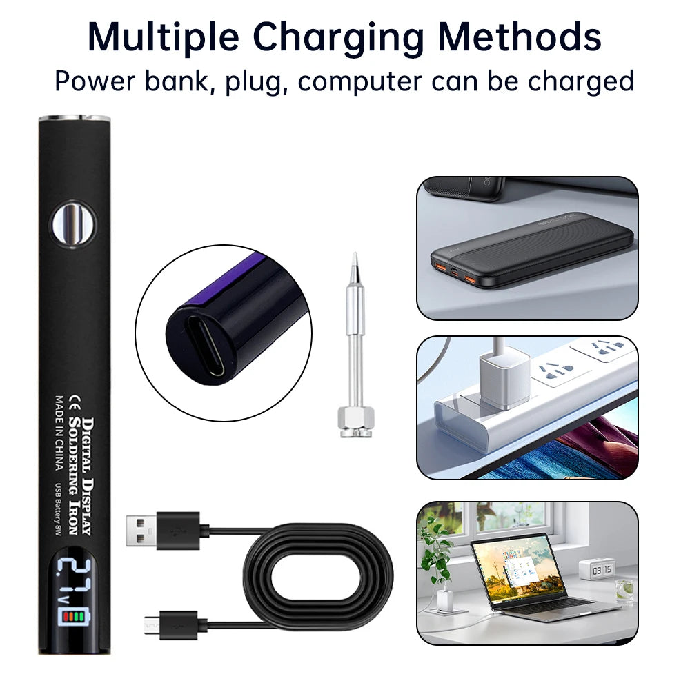 A black mini cordless soldering iron pen with a USB charging cable and various charging methods shown.