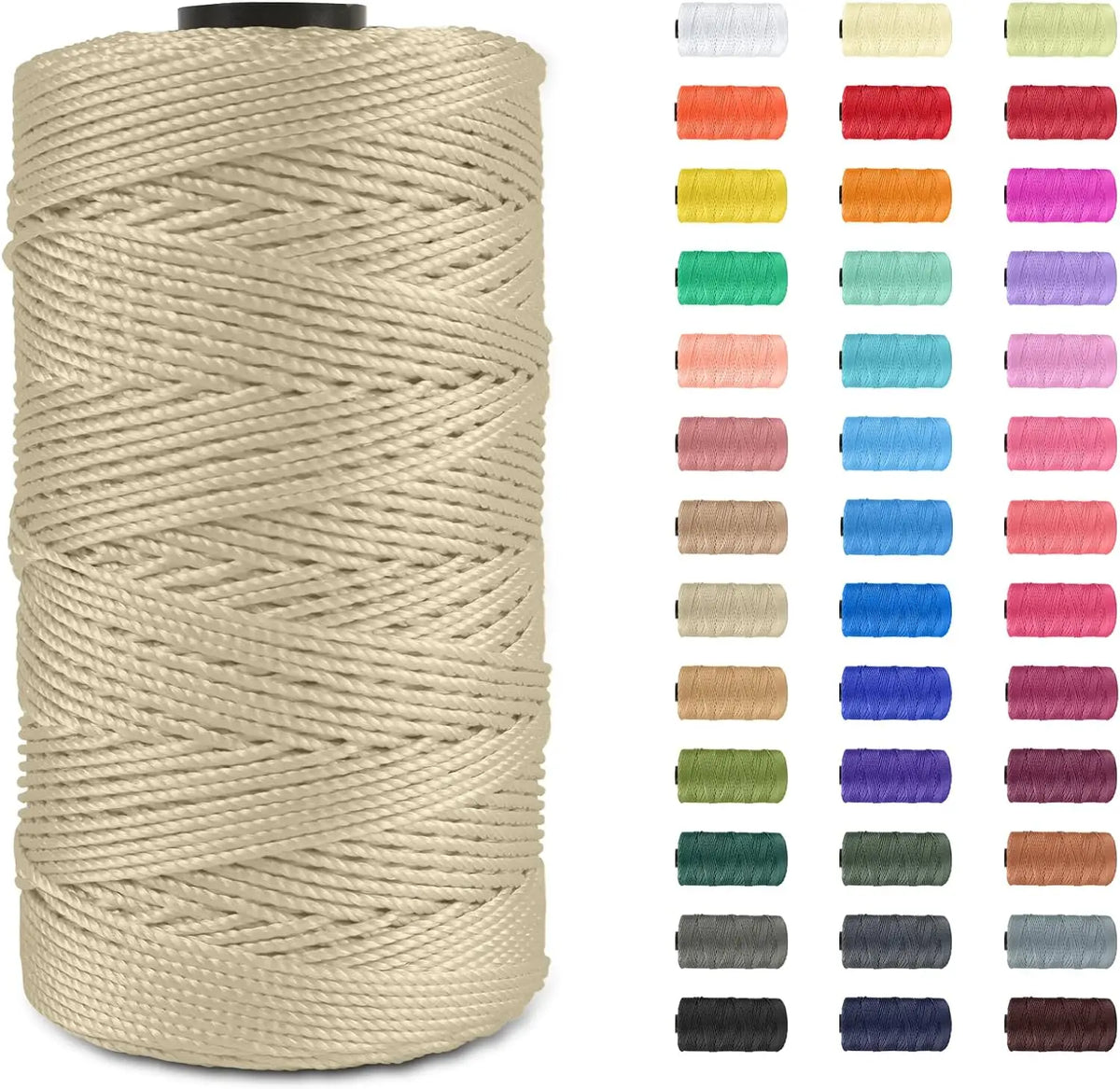 Spool of beige ice silk crochet yarn with various colored spools displayed next to it.