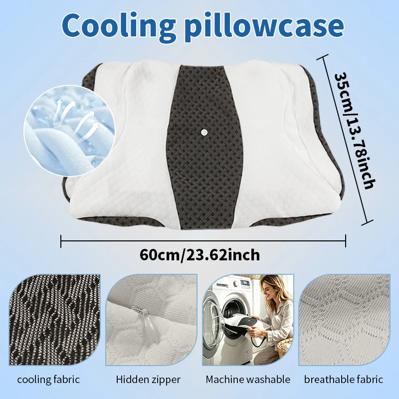 A white cooling pillowcase is shown with close-ups of the fabric, hidden zipper, and machine washable features.