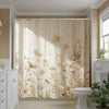 Beige floral waterproof shower curtain featuring a botanical design in a bathroom setting.