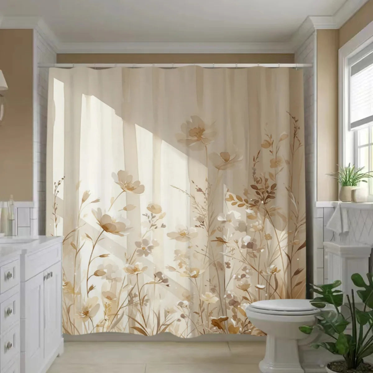 Beige floral waterproof shower curtain featuring a botanical design in a bathroom setting.