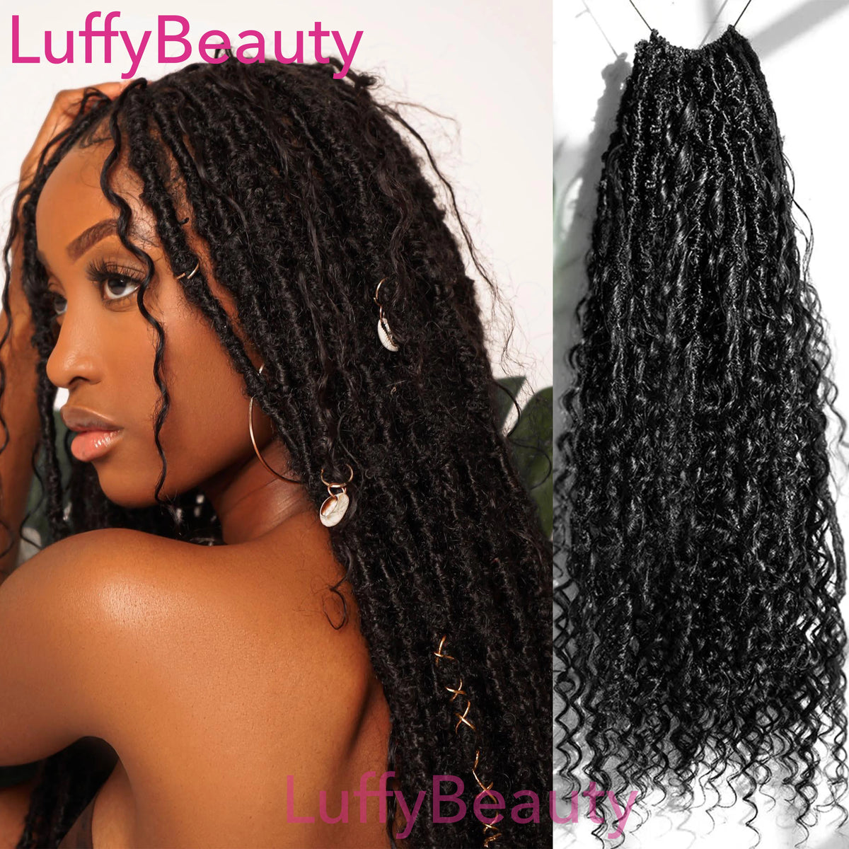A close-up photo of long, black pre-looped crochet boho locs with curly human hair extensions