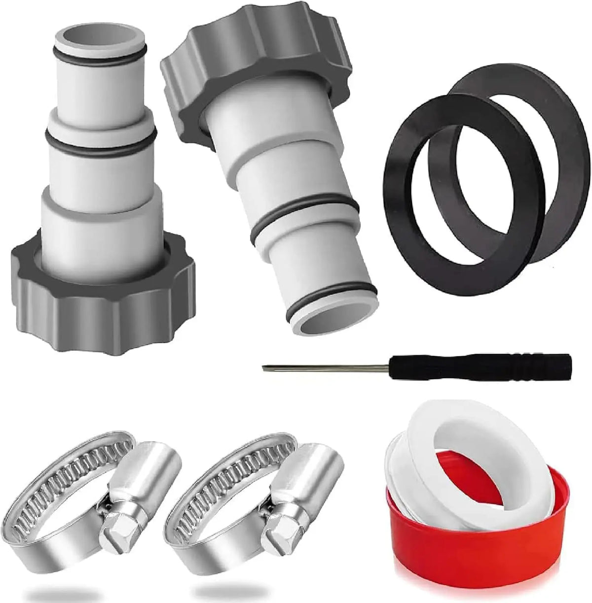 A set of pool hose adapters and fittings for connecting 1.25 inch to 1.5 inch filter pumps.