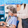 A woman is having her hair protected with a disposable shower cap in a beauty salon setting.