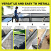 A four-step guide showing how to remove an old screen, align a new frame, use a rolling tool, and cut the fiberglass window s