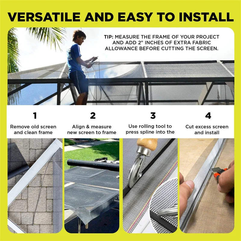 A four-step guide showing how to remove an old screen, align a new frame, use a rolling tool, and cut the fiberglass window s