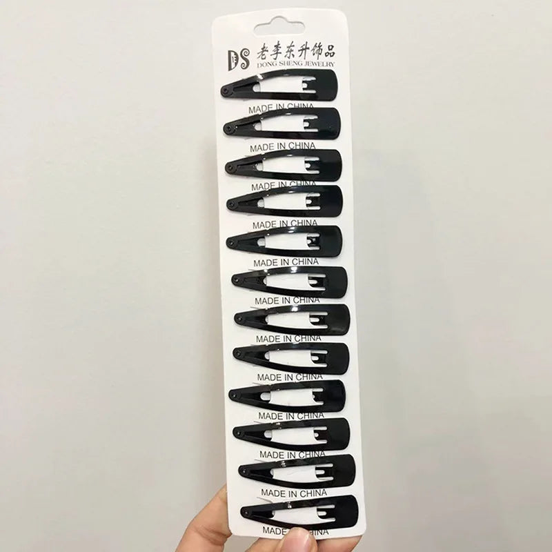 Classic Black Metal Hair Barrettes - Set of 12