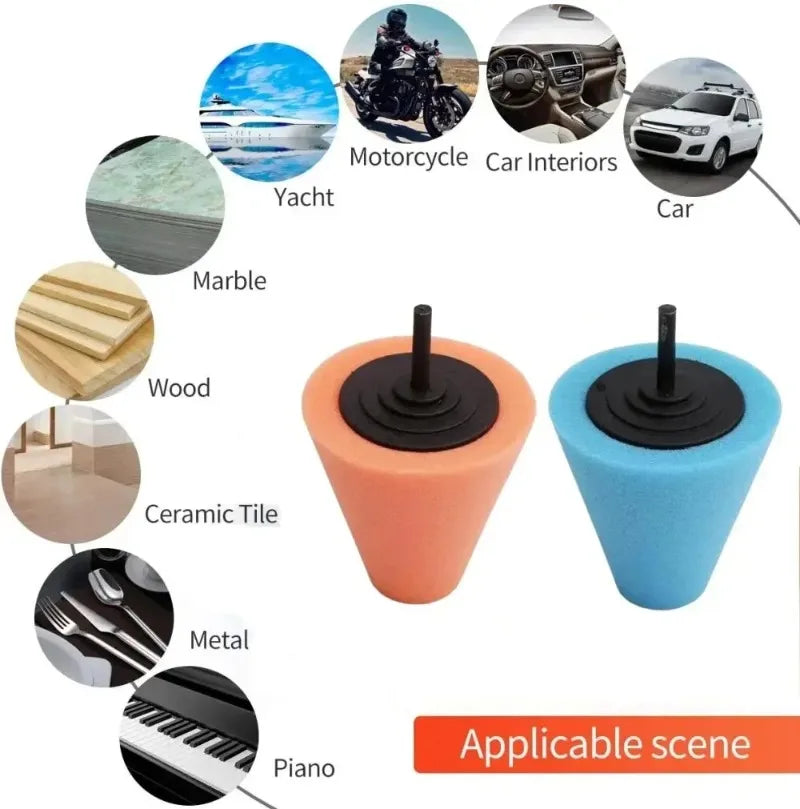 A set of four colored foam cones for drill polishing used in automotive detailing and other applications.