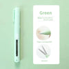 A green pen-shaped tool featuring a paper carving knife and scissors.