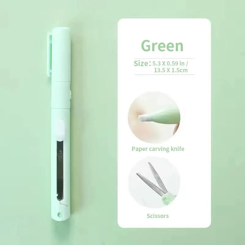 A green pen-shaped tool featuring a paper carving knife and scissors.
