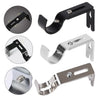 A set of black and silver metal curtain rod brackets for 1-inch rods shown in various angles.