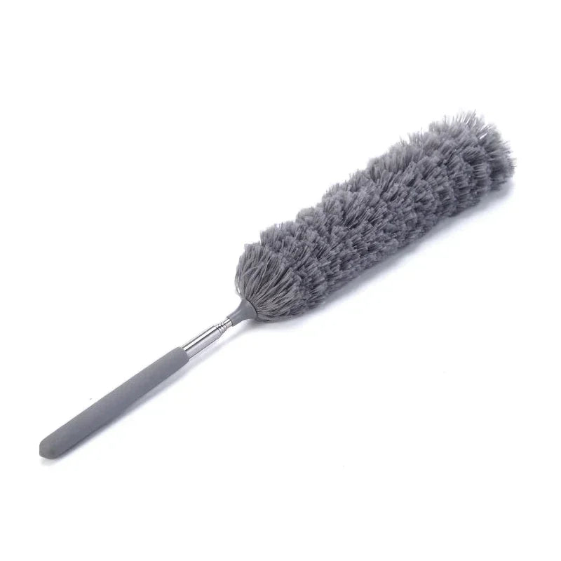 A grey telescopic microfiber duster with a flexible stainless steel handle.