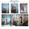 A set of shower curtains featuring cats and raccoons riding a shark in blue water scenes.