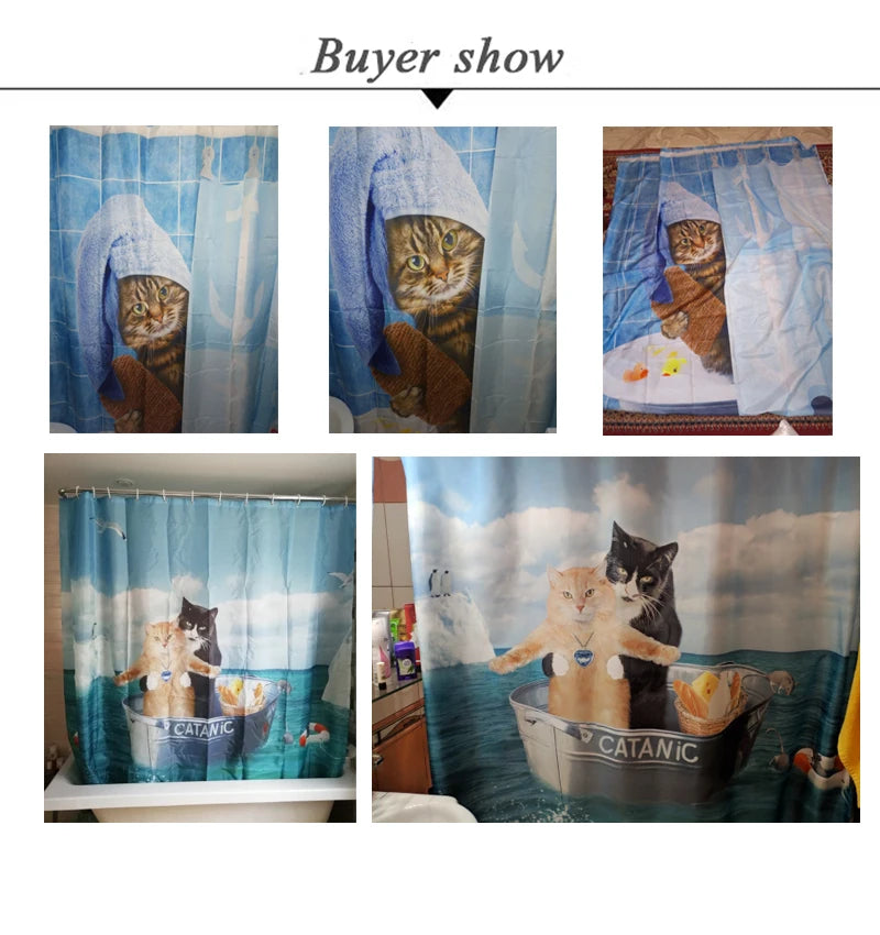 A set of shower curtains featuring cats and raccoons riding a shark in blue water scenes.