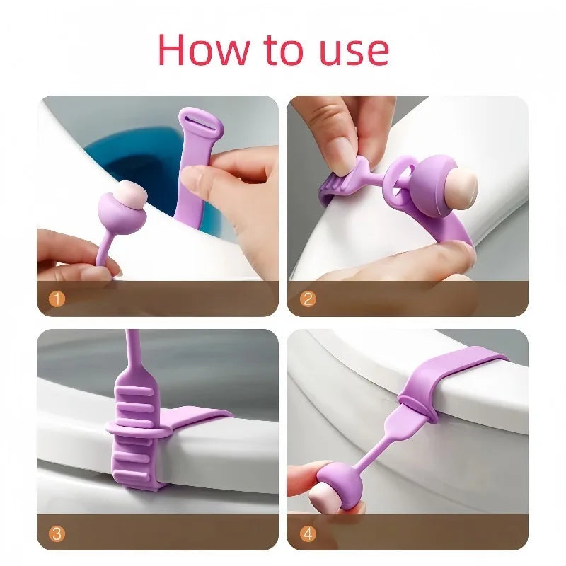 Demonstration of a silicone toilet seat lifter with a pull ring showing how to use the product.