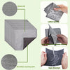 A set of gray double-sided non-scratch dishcloths made from microfiber and mesh materials shown in various uses.