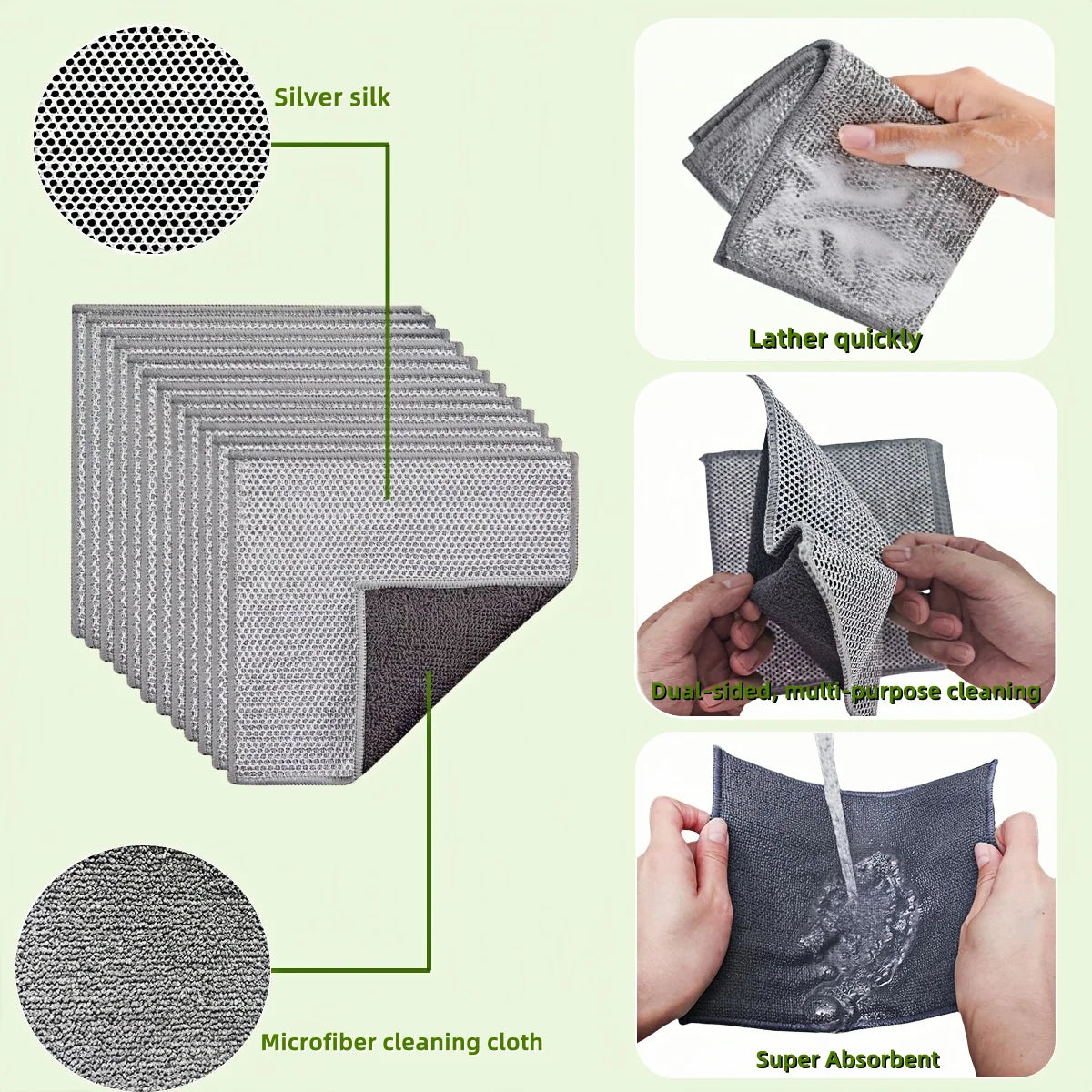 A set of gray double-sided non-scratch dishcloths made from microfiber and mesh materials shown in various uses.