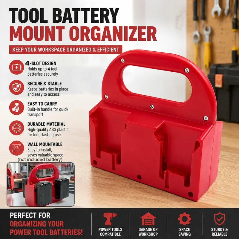 Red tool battery mount organizer with four slots for secure storage and transport