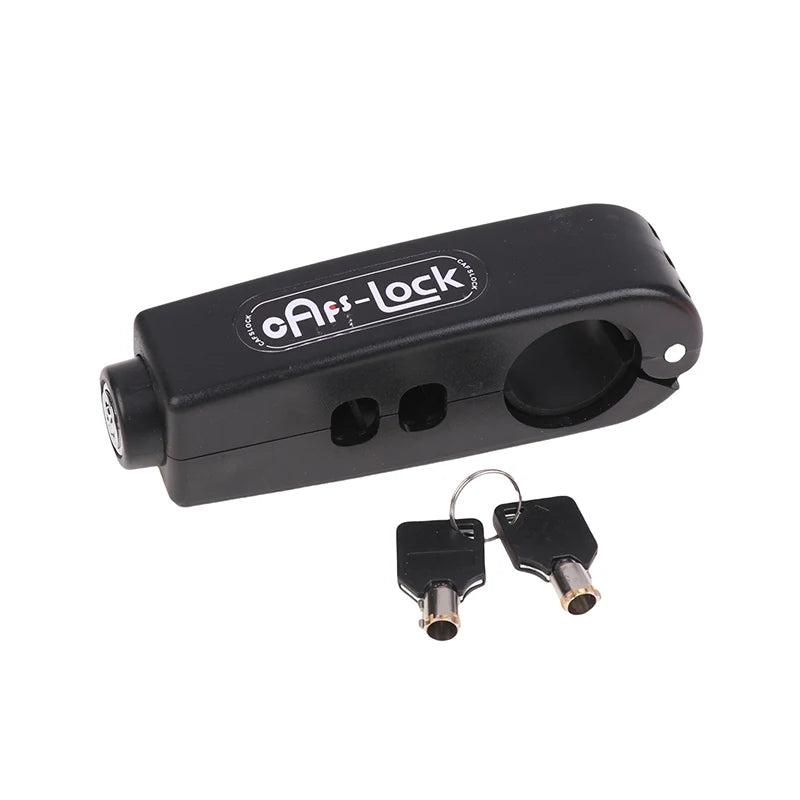 Black compact handlebar lock with two key blanks attached