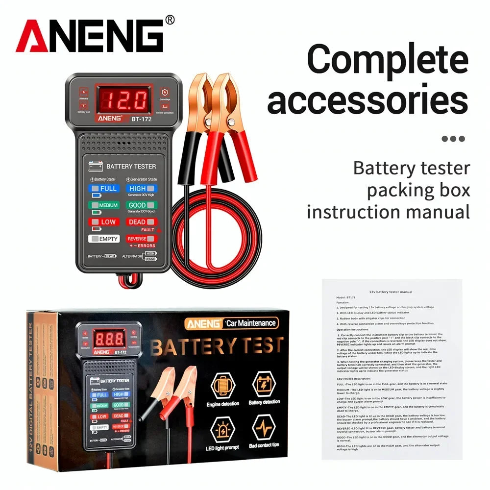 AnENG battery tester kit showing the device, accessories, and instruction manual for car battery testing.